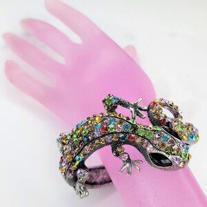 Colorful Rhinestones Gecko Lizard Sparkly Bangle Cuff Bracelet